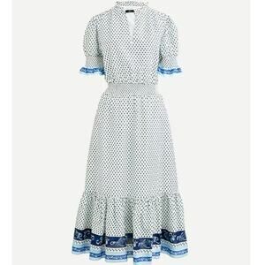 J. Crew White Blue‎ Smocked Voile Cottage Ruffle Pockets Midi Dress Size Medium